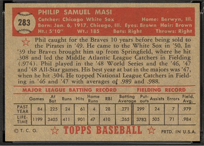 1952 Topps #283 Phil Masi (back)