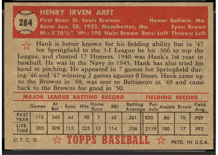 1952 Topps #284 Hank Arft (back)
