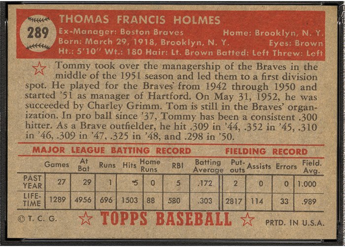 1952 Topps #289 Tommy Holmes (back)