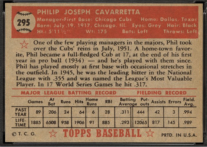 1952 Topps #295 Phil Cavarretta (back)