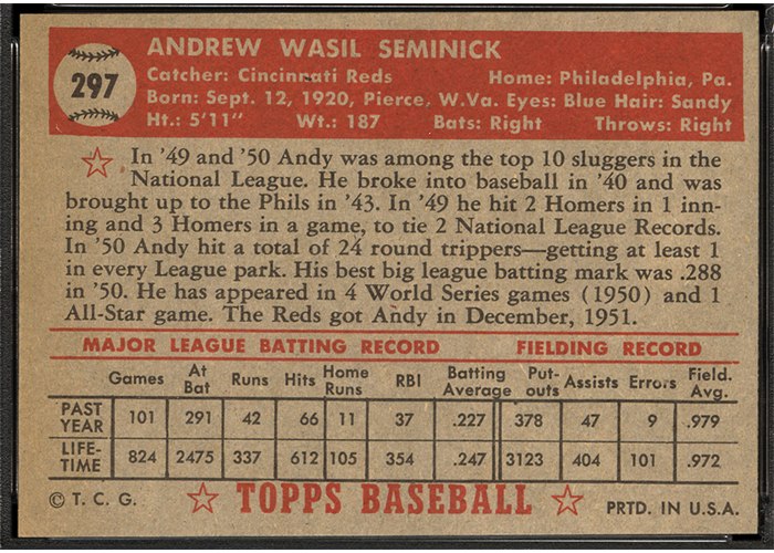 1952 Topps #297 Andy Seminick (back)