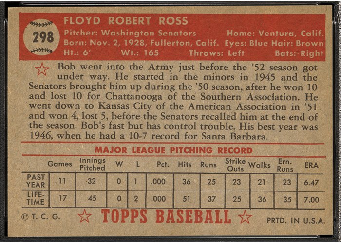 1952 Topps #298 Bob Ross (back)