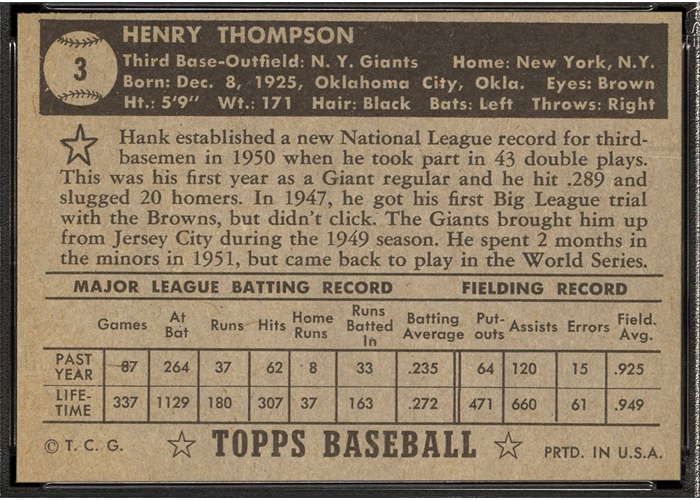 1952 Topps #3 Hank Thompson (back)