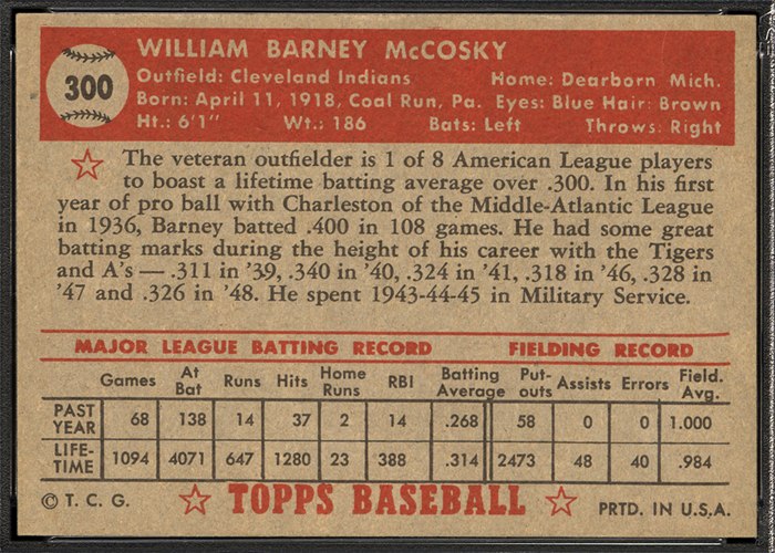 1952 Topps #300 Barney McCosky (back)