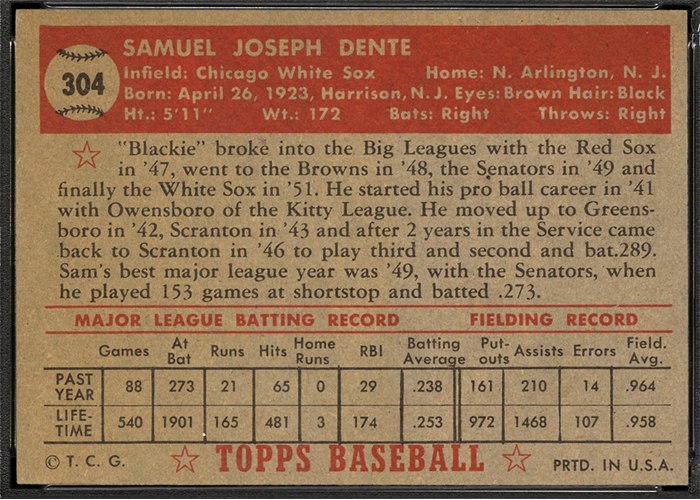 1952 Topps #304 Sam Dente (back)