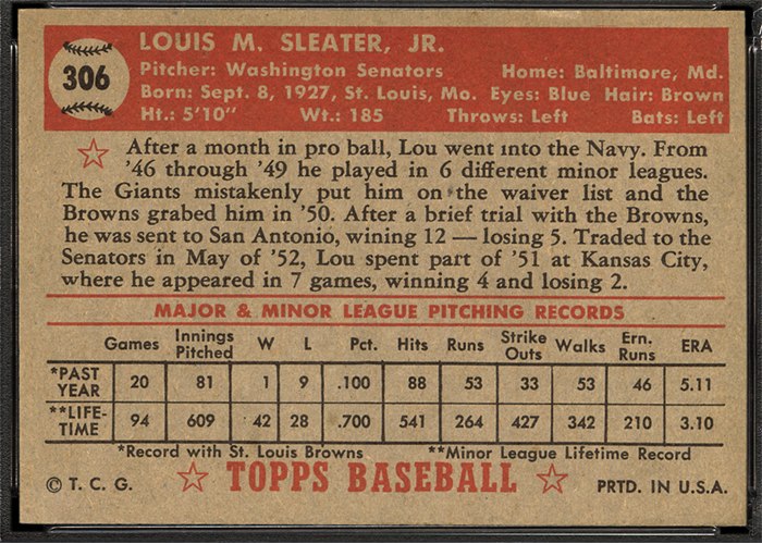 1952 Topps #306 Lou Sleater (back)