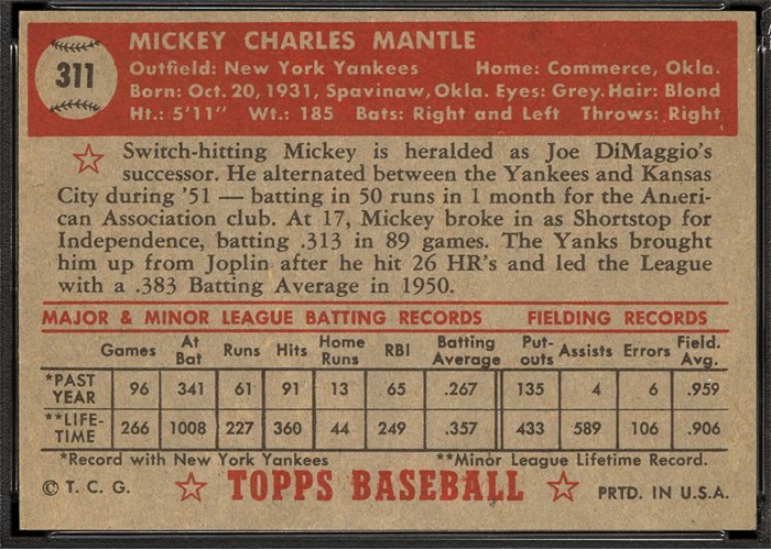 1952 Topps #311 Mickey Mantle (back)