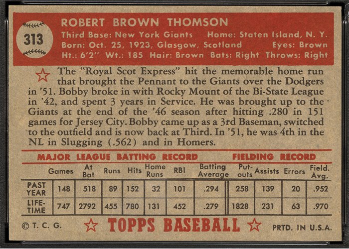 1952 Topps #313 Bobby Thomson (back)