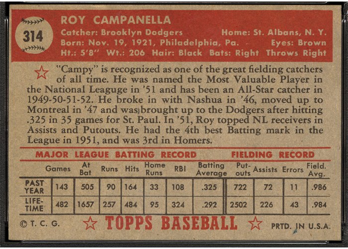 1952 Topps #314 Roy Campanella (back)