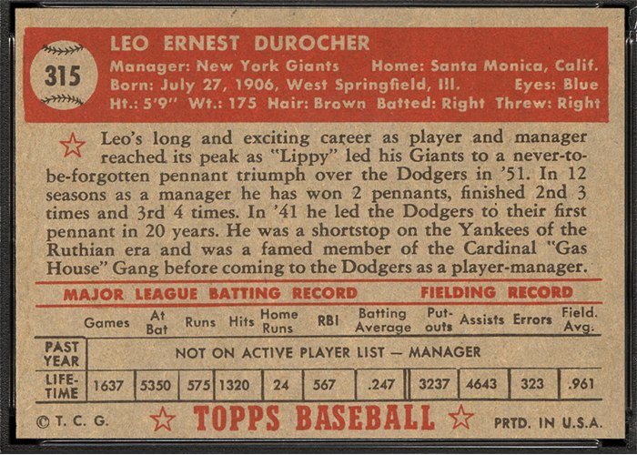 1952 Topps #315 Leo Durocher (back)