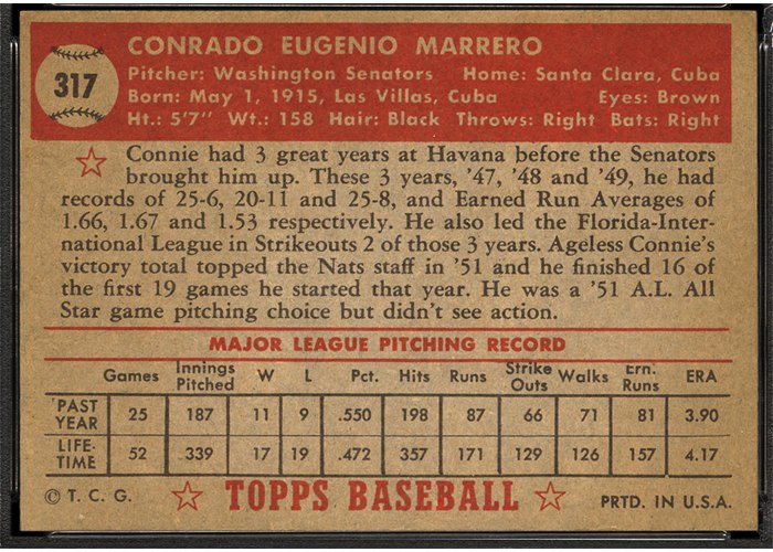 1952 Topps #317 Connie Marrero (back)