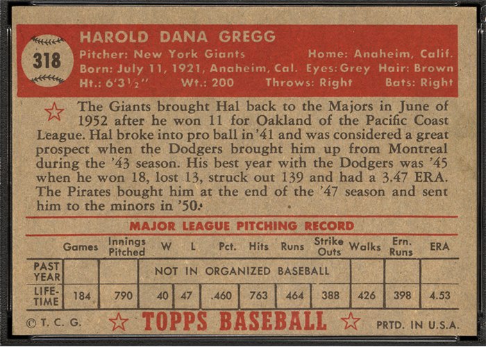 1952 Topps #318 Hal Gregg (back)
