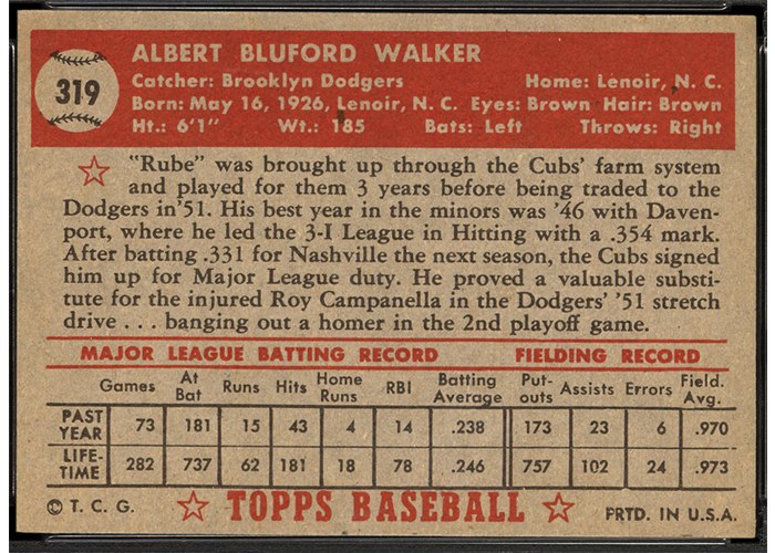 1952 Topps #319 Al Walker (back)