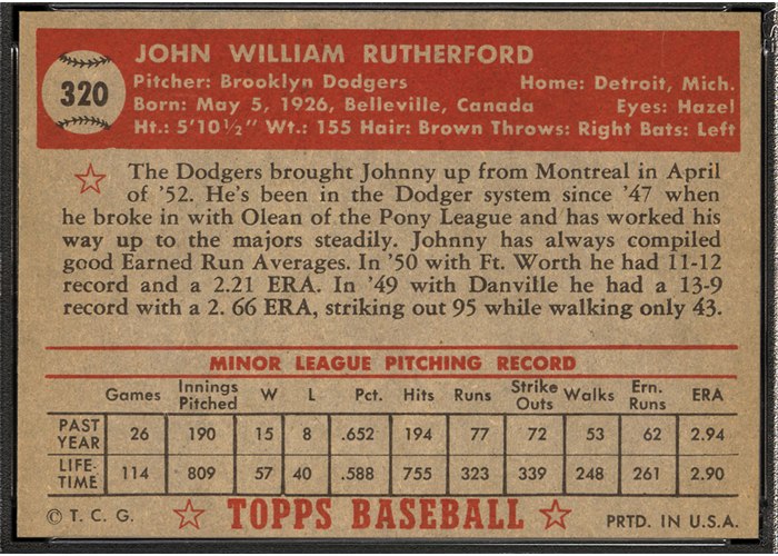 1952 Topps #320 John Rutherford (back)
