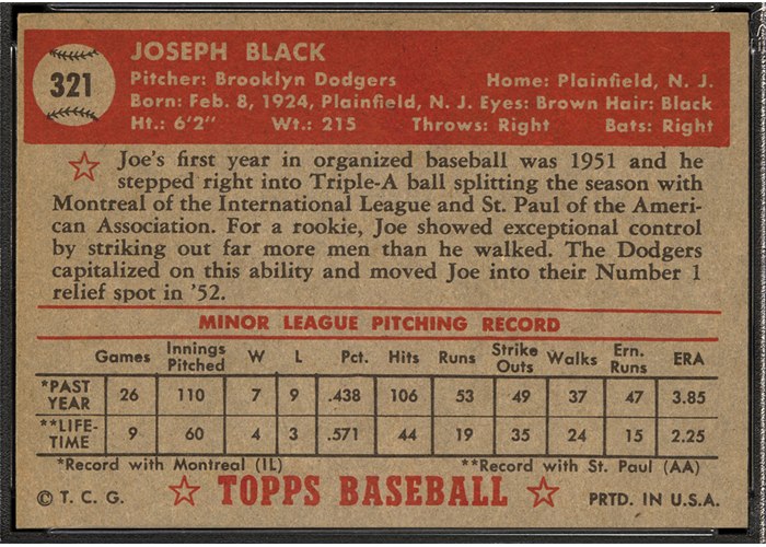 1952 Topps #321 Joe Black (back)