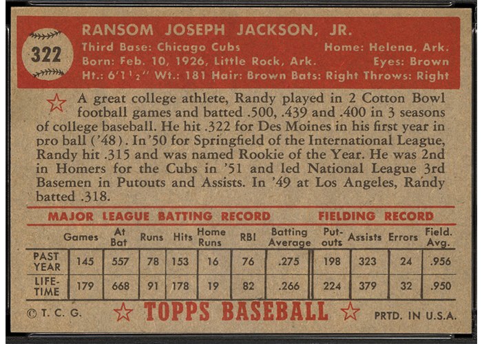 1952 Topps #322 Randy Jackson (back)