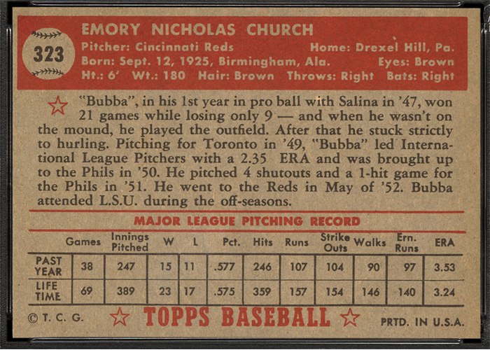 1952 Topps #323 Bubba Church (back)