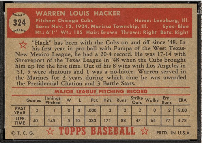 1952 Topps #324 Warren Hacker (back)