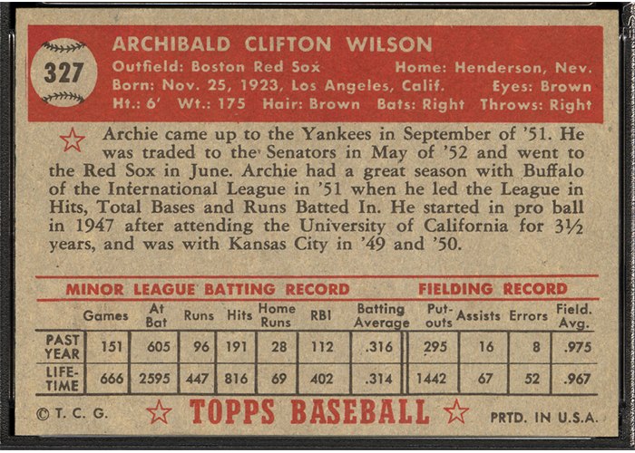 1952 Topps #327 Archie Wilson (back)