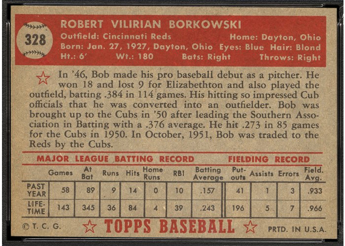 1952 Topps #328 Bob Borkowski (back)