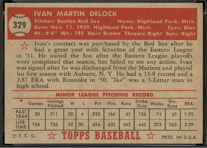 1952 Topps #329 Ivan Delock (back)