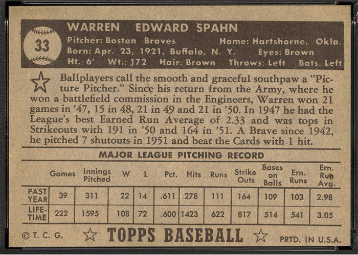 1952 Topps #33 Warren Spahn (back)