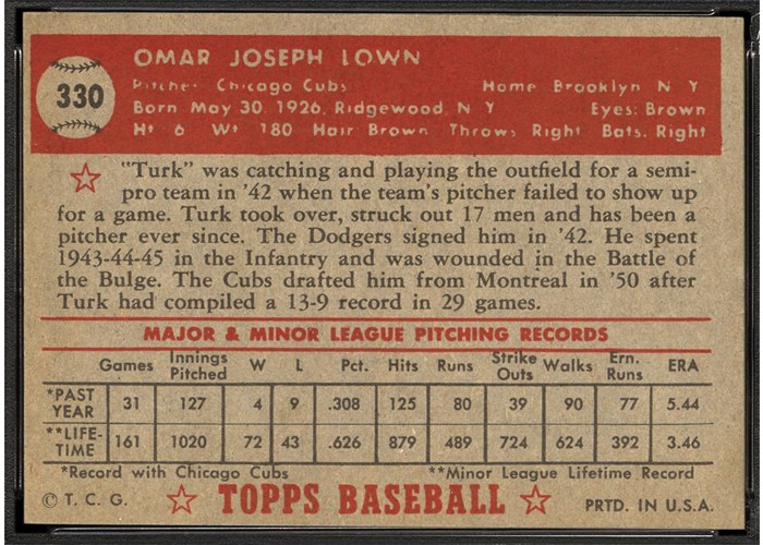 1952 Topps #330 Turk Lown (back)