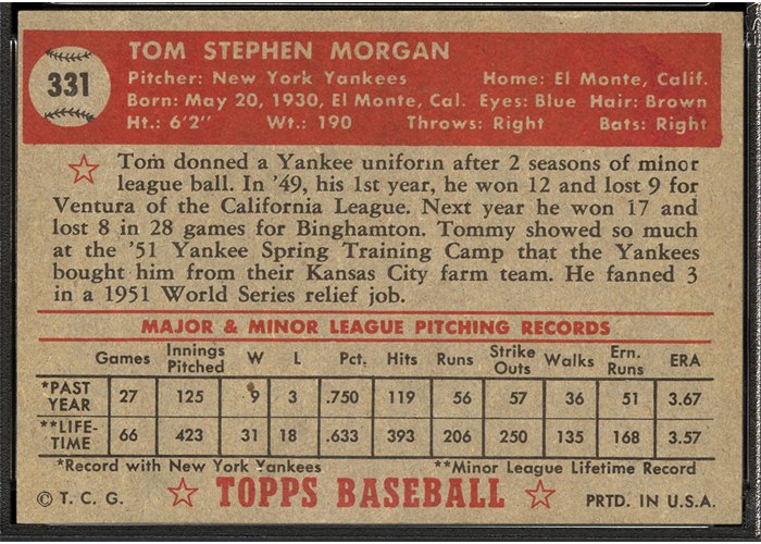 1952 Topps #331 Tom Morgan (back)