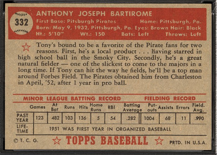 1952 Topps #332 Tony Bartirome (back)