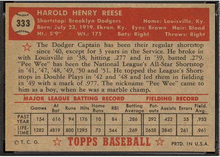 1952 Topps #333 Pee Wee Reese (back)