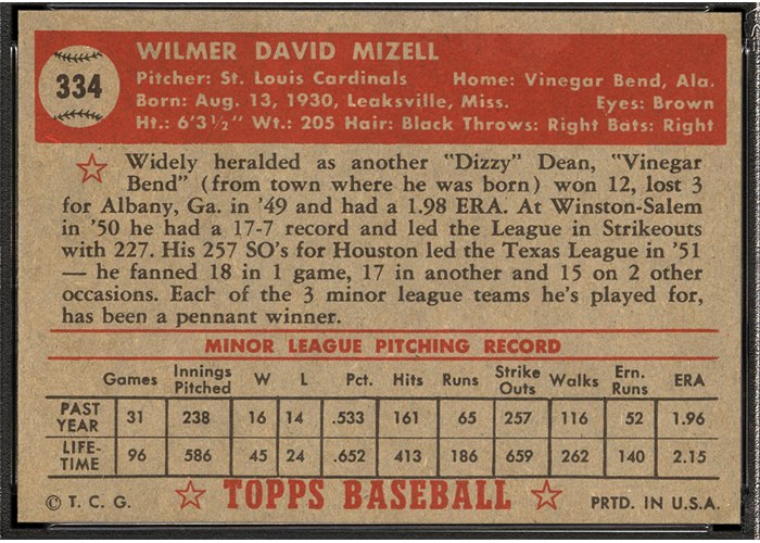 1952 Topps #334 Wilmer Mizell (back)