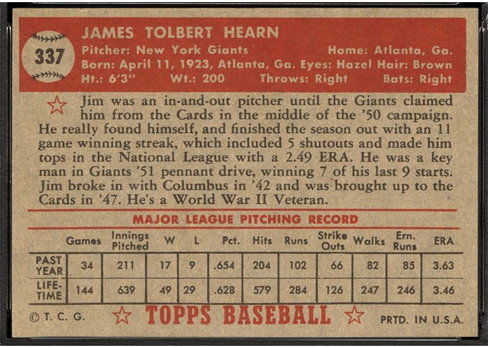 1952 Topps #337 Jim Hearn (back)