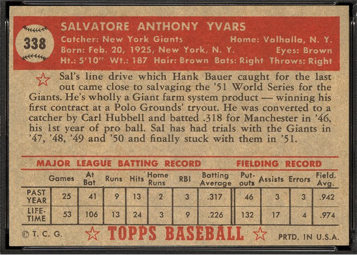 1952 Topps #338 Sal Yvars (back)