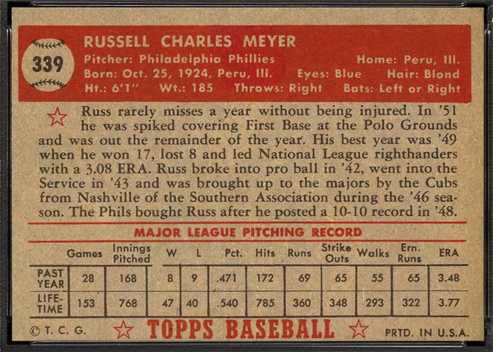 1952 Topps #339 Russ Meyer (back)