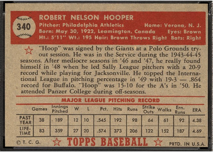 1952 Topps #340 Bob Hooper (back)