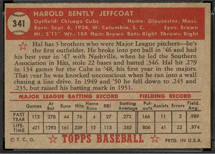 1952 Topps #341 Hal Jeffcoat (back)