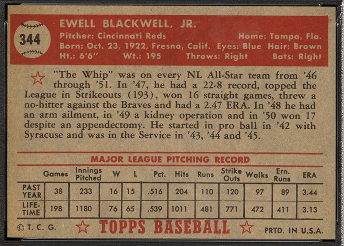 1952 Topps #344 Ewell Blackwell (back)