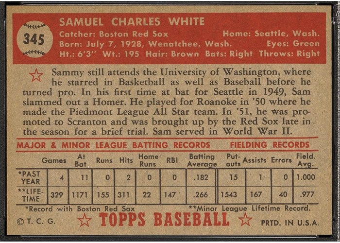 1952 Topps #345 Sammy White (back)