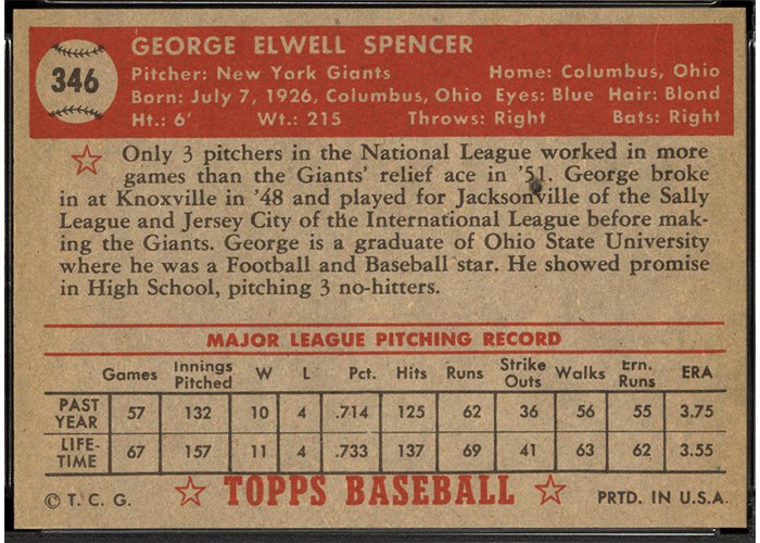 1952 Topps #346 George Spencer (back)