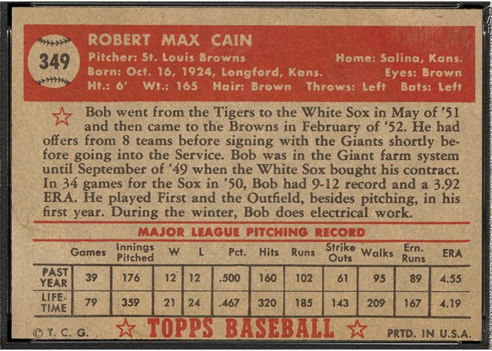 1952 Topps #349 Bob Cain (back)