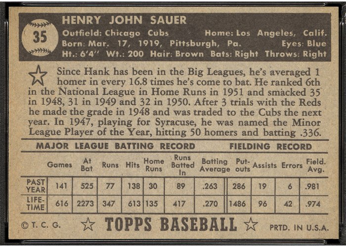 1952 Topps #35 Hank Sauer (back)
