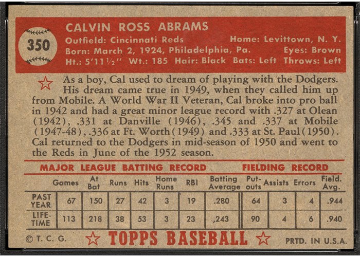 1952 Topps #350 Cal Abrams (back)