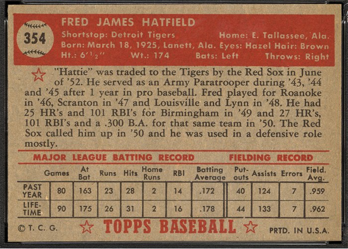 1952 Topps #354 Fred Hatfield (back)