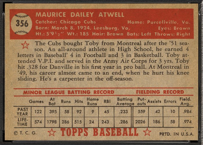 1952 Topps #356 Toby Atwell (back)
