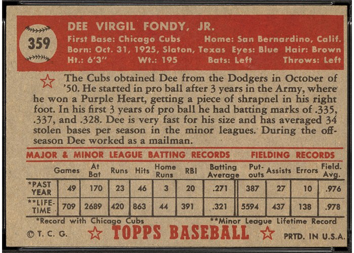 1952 Topps #359 Dee Fondy (back)