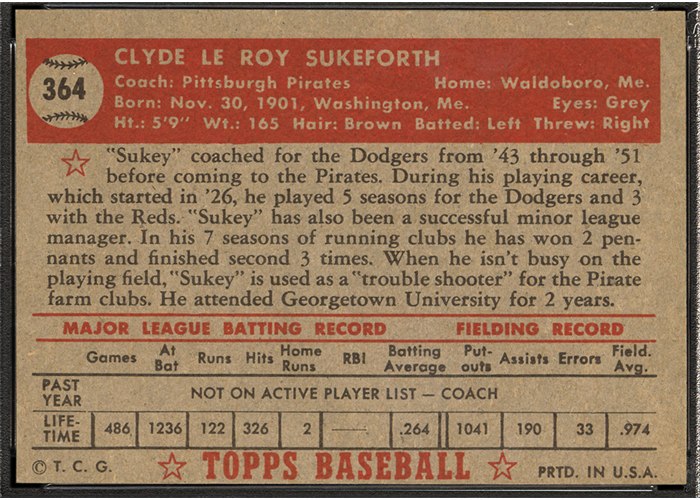 1952 Topps #364 Clyde Sukeforth (back)