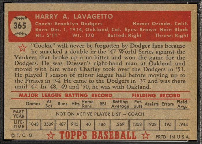 1952 Topps #365 Cookie Lavagetto (back)