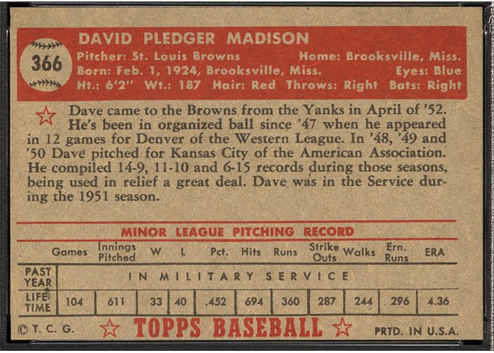 1952 Topps #366 Dave Madison (back)