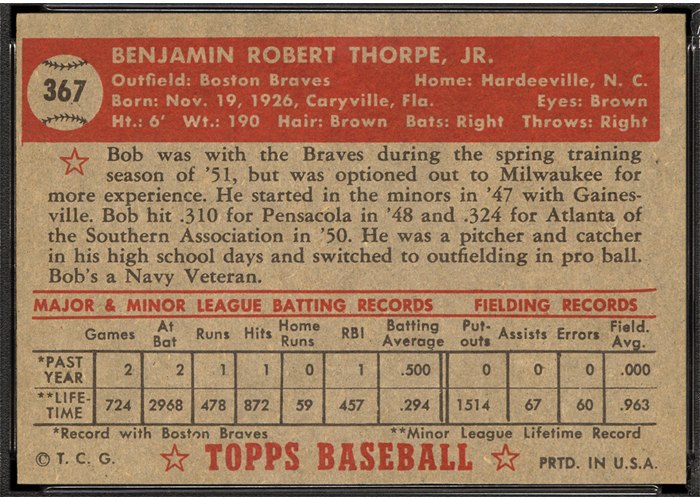 1952 Topps #367 Bob Thorpe (back)