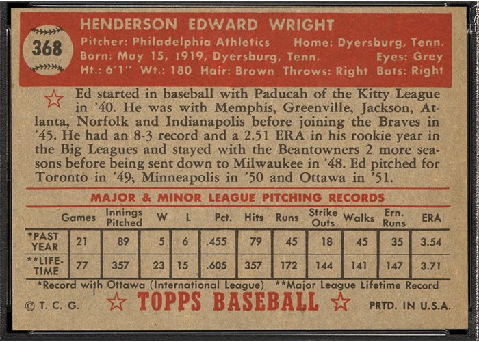 1952 Topps #368 Ed Wright (back)